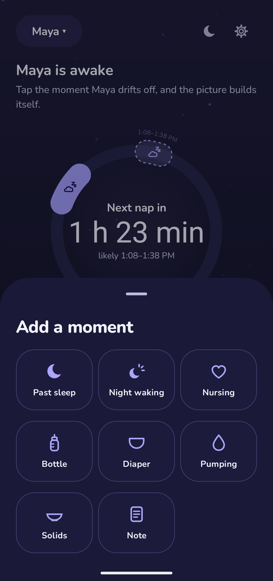 NapSense's real Add a moment sheet: past sleep, night waking, nursing, bottle, diaper, pumping, solids and note