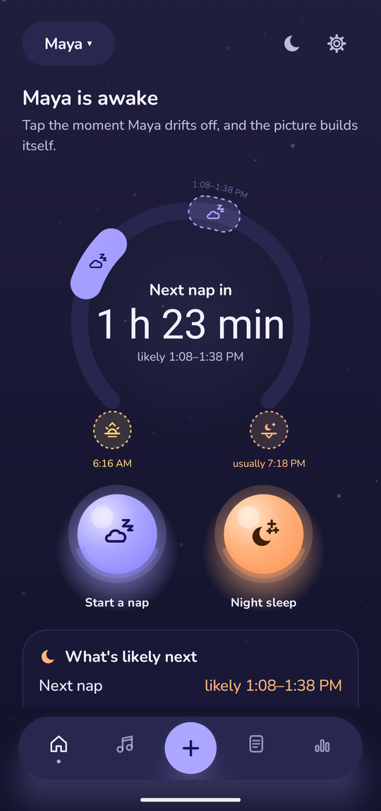 NapSense's real Today screen: next nap in 1 h 23 min, likely 1:08–1:38 PM, with Start a nap and Night sleep buttons